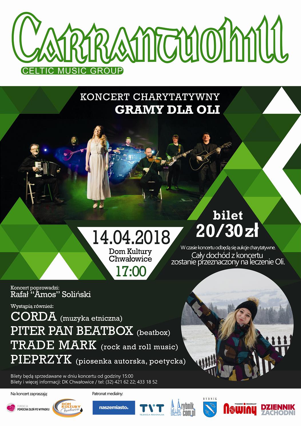 Gramy Dla Oli - Koncert Cnarytatywny w sobotę 14 kwietnia 2018 r. o godz. 17.00 w Domu Kultury Chwałowice.
